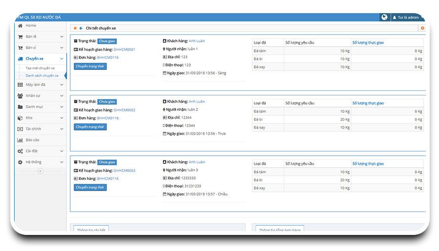 Giao diện quản lý giao hàng