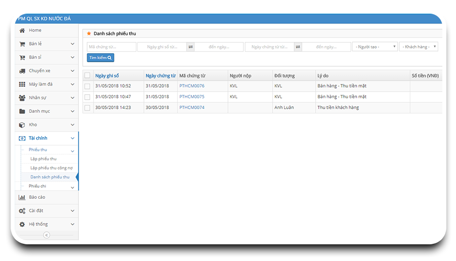 Giao diện quản lý thu chi