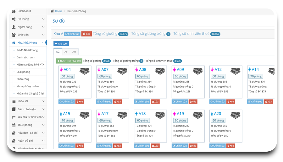 Quản lý sinh viên trên phần mềm quản lý ký túc xá