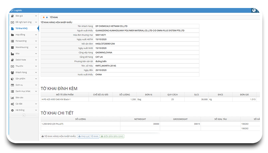Quản lý tờ khai hàng hóa giao nhận và kho vận