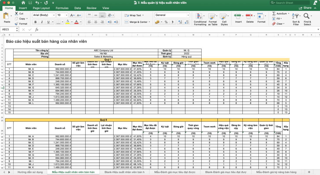 Mẫu báo cáo hiệu suất bán hàng của nhân viên